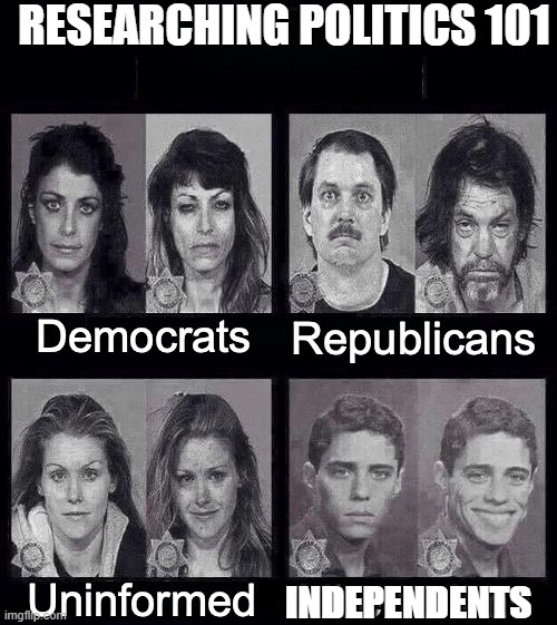before after mug shots political | RESEARCHING POLITICS 101; INDEPENDENTS | image tagged in before after mug shots political | made w/ Imgflip meme maker