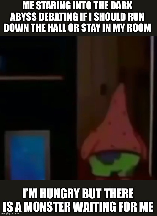 ME STARING INTO THE DARK ABYSS DEBATING IF I SHOULD RUN DOWN THE HALL OR STAY IN MY ROOM; I’M HUNGRY BUT THERE IS A MONSTER WAITING FOR ME | image tagged in funny | made w/ Imgflip meme maker