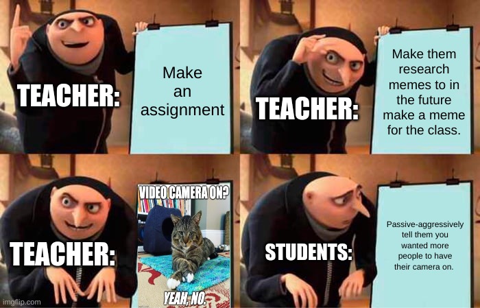 Gru's Plan Meme | Make an assignment; Make them research memes to in the future make a meme for the class. TEACHER:; TEACHER:; Passive-aggressively tell them you wanted more people to have their camera on. STUDENTS:; TEACHER: | image tagged in memes,gru's plan | made w/ Imgflip meme maker