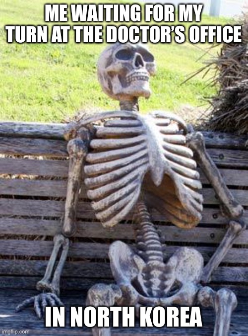 this is kinda true tho | ME WAITING FOR MY TURN AT THE DOCTOR’S OFFICE; IN NORTH KOREA | image tagged in memes,waiting skeleton,funny,north korea,oof,doctor | made w/ Imgflip meme maker