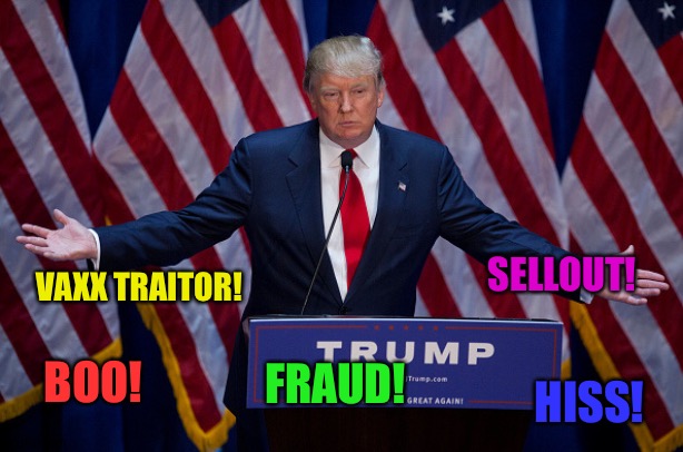 Donald Trump | BOO! HISS! VAXX TRAITOR! FRAUD! SELLOUT! | image tagged in donald trump | made w/ Imgflip meme maker