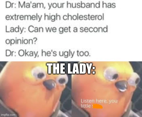 that’s not wot she meant | THE LADY: | image tagged in listen here you little shit bird,this isn't how you're supposed to play the game,funny,doctor,ugly,oof | made w/ Imgflip meme maker