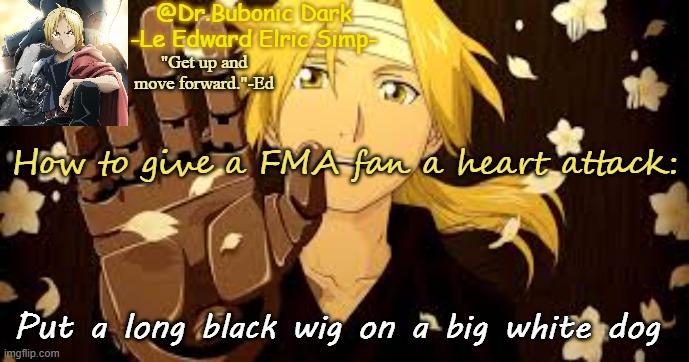 Bubonic's Ed tempo | How to give a FMA fan a heart attack:; Put a long black wig on a big white dog | image tagged in bubonic's ed tempo | made w/ Imgflip meme maker