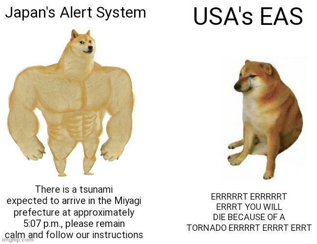 Japan's Alert System > USA's EAS | Japan's Alert System; USA's EAS; There is a tsunami expected to arrive in the Miyagi prefecture at approximately 5:07 p.m., please remain calm and follow our instructions; ERRRRRT ERRRRRT ERRRT YOU WILL DIE BECAUSE OF A TORNADO ERRRRT ERRRT ERRT | image tagged in memes,buff doge vs cheems,emergency alert,japan,united states | made w/ Imgflip meme maker