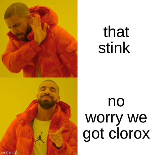 Drake Hotline Bling Meme | that stink; no worry we got clorox | image tagged in memes,drake hotline bling | made w/ Imgflip meme maker