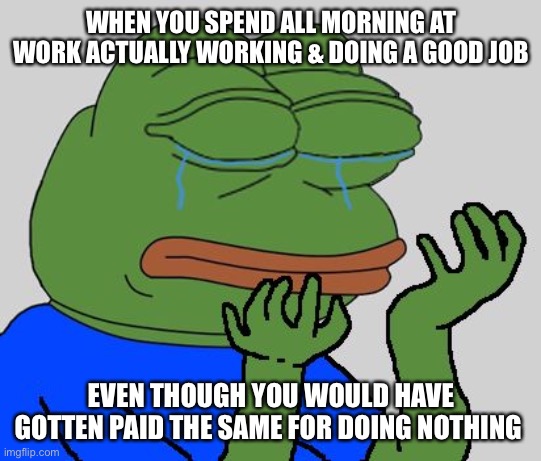 Sad Pepe because he work too hard |  WHEN YOU SPEND ALL MORNING AT WORK ACTUALLY WORKING & DOING A GOOD JOB; EVEN THOUGH YOU WOULD HAVE GOTTEN PAID THE SAME FOR DOING NOTHING | image tagged in pepe cry,work too hard,work from home,pepe the frog | made w/ Imgflip meme maker
