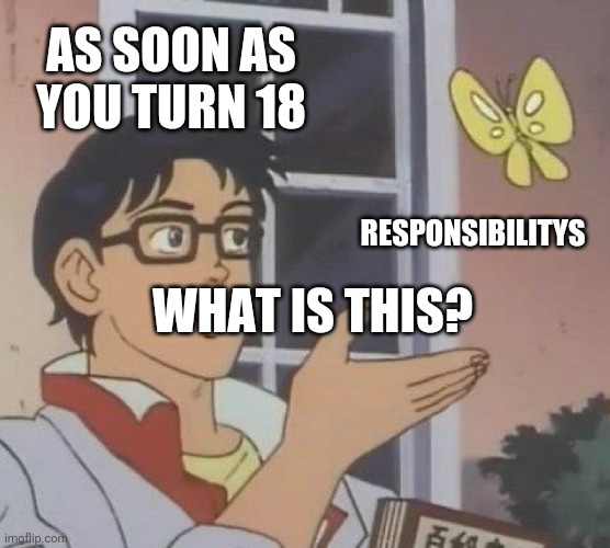 M | AS SOON AS YOU TURN 18; RESPONSIBILITYS; WHAT IS THIS? | image tagged in memes,is this a pigeon | made w/ Imgflip meme maker