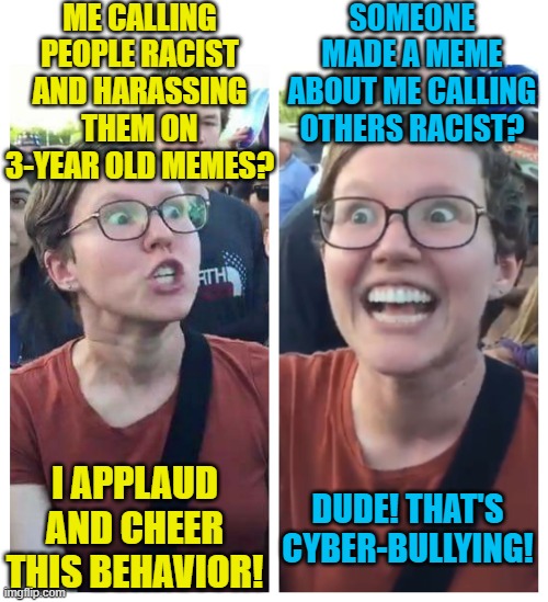 Liberals are hypocrites. | ME CALLING PEOPLE RACIST AND HARASSING THEM ON 3-YEAR OLD MEMES? SOMEONE MADE A MEME ABOUT ME CALLING OTHERS RACIST? I APPLAUD AND CHEER THIS BEHAVIOR! DUDE! THAT'S CYBER-BULLYING! | image tagged in social justice warrior hypocrisy,liberals,hypocrisy | made w/ Imgflip meme maker