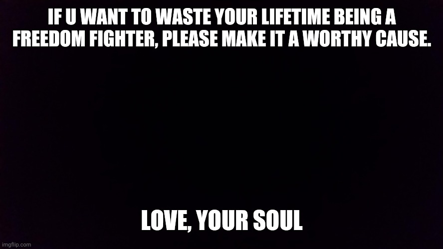 Blank | IF U WANT TO WASTE YOUR LIFETIME BEING A FREEDOM FIGHTER, PLEASE MAKE IT A WORTHY CAUSE. LOVE, YOUR SOUL | image tagged in blank | made w/ Imgflip meme maker