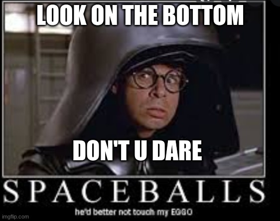 he better not | LOOK ON THE BOTTOM; DON'T U DARE | image tagged in eggos,spaceballs | made w/ Imgflip meme maker