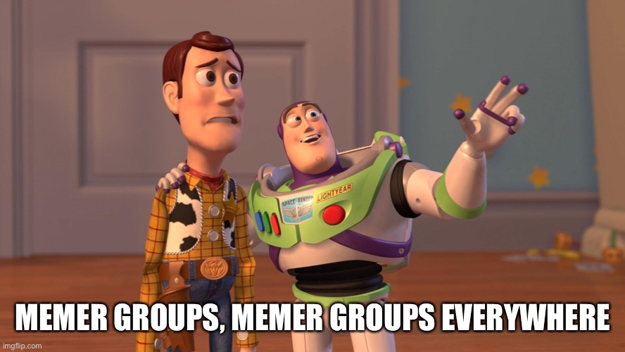 Woody and Buzz Lightyear Everywhere Widescreen | MEMER GROUPS, MEMER GROUPS EVERYWHERE | image tagged in woody and buzz lightyear everywhere widescreen | made w/ Imgflip meme maker