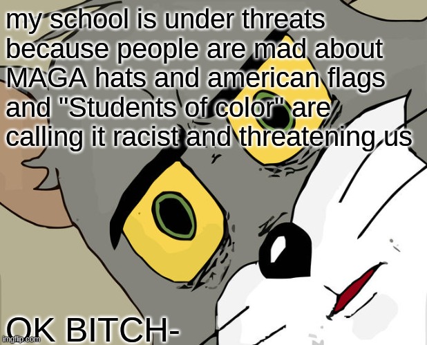THIS IS AMERICA AMERICAN FLAGS ARE A GOOD THING | my school is under threats because people are mad about MAGA hats and american flags and "Students of color" are calling it racist and threatening us; OK BITCH- | image tagged in memes,unsettled tom | made w/ Imgflip meme maker