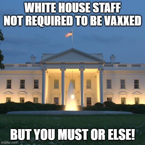 Hypocrisy | WHITE HOUSE STAFF NOT REQUIRED TO BE VAXXED; BUT YOU MUST OR ELSE! | image tagged in joe biden,kamala harris,democrats,covid-19,vaccination,white house | made w/ Imgflip meme maker