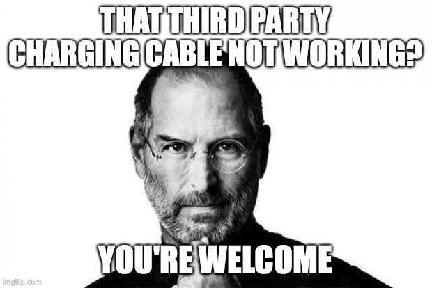 iPhone Issues | THAT THIRD PARTY CHARGING CABLE NOT WORKING? YOU'RE WELCOME | image tagged in steve jobs,iphone | made w/ Imgflip meme maker