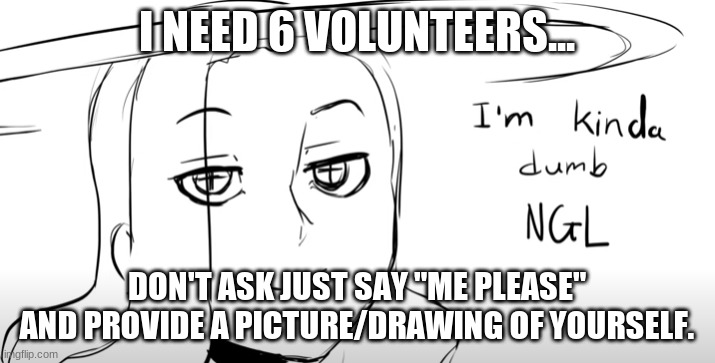 Im Kinda Dumb ngl | I NEED 6 VOLUNTEERS... DON'T ASK JUST SAY "ME PLEASE" AND PROVIDE A PICTURE/DRAWING OF YOURSELF. | image tagged in im kinda dumb ngl | made w/ Imgflip meme maker