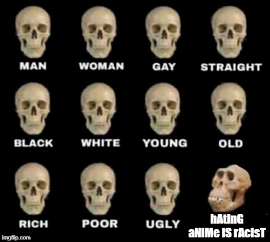 idiot skull | hAtInG aNiMe iS rAcIsT | image tagged in idiot skull | made w/ Imgflip meme maker