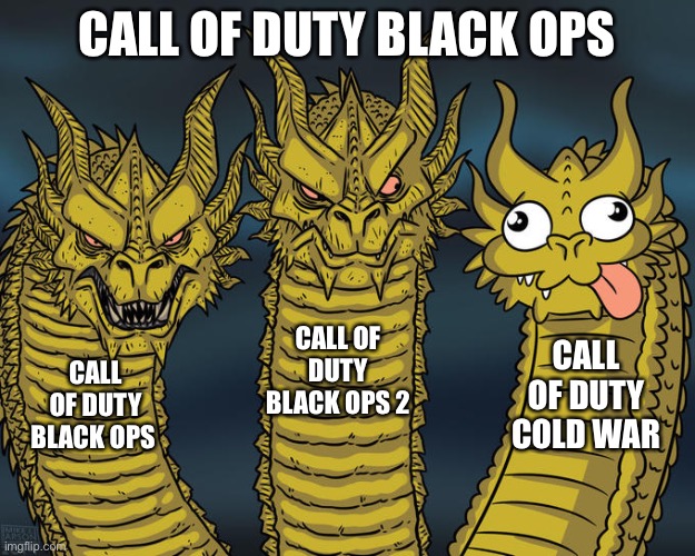 Cod black  ops history | CALL OF DUTY BLACK OPS; CALL OF DUTY BLACK OPS 2; CALL OF DUTY COLD WAR; CALL OF DUTY BLACK OPS | image tagged in three-headed dragon | made w/ Imgflip meme maker