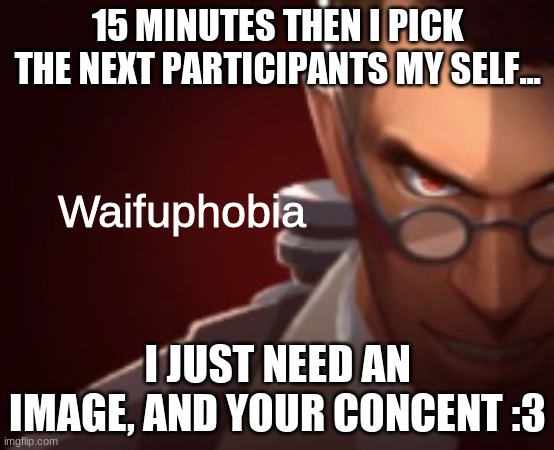 Its for a Hunger games btw | 15 MINUTES THEN I PICK THE NEXT PARTICIPANTS MY SELF... I JUST NEED AN IMAGE, AND YOUR CONCENT :3 | image tagged in waifu phobia | made w/ Imgflip meme maker