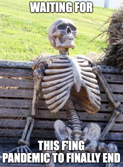 just waiting |  WAITING FOR; THIS F'ING PANDEMIC TO FINALLY END | image tagged in memes,waiting skeleton,pandy | made w/ Imgflip meme maker