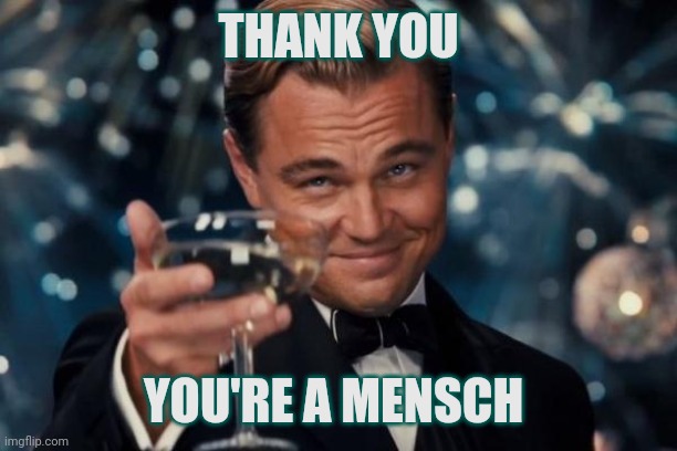 Leonardo Dicaprio Cheers Meme | THANK YOU YOU'RE A MENSCH | image tagged in memes,leonardo dicaprio cheers | made w/ Imgflip meme maker