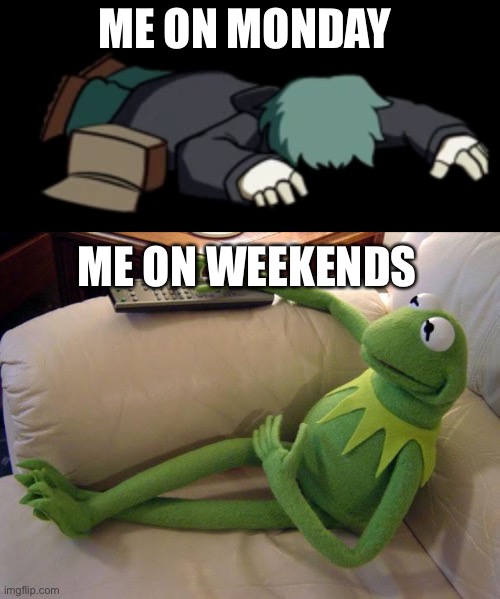 Sayori gets me | ME ON MONDAY; ME ON WEEKENDS | image tagged in dead garcello,kermit on couch with remote | made w/ Imgflip meme maker
