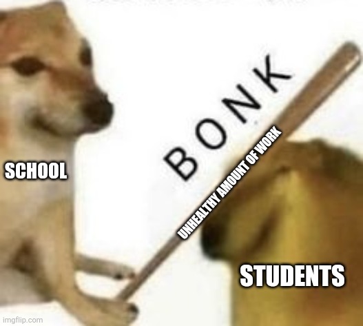 My first meme |  SCHOOL; UNHEALTHY AMOUNT OF WORK; STUDENTS | image tagged in bonk | made w/ Imgflip meme maker