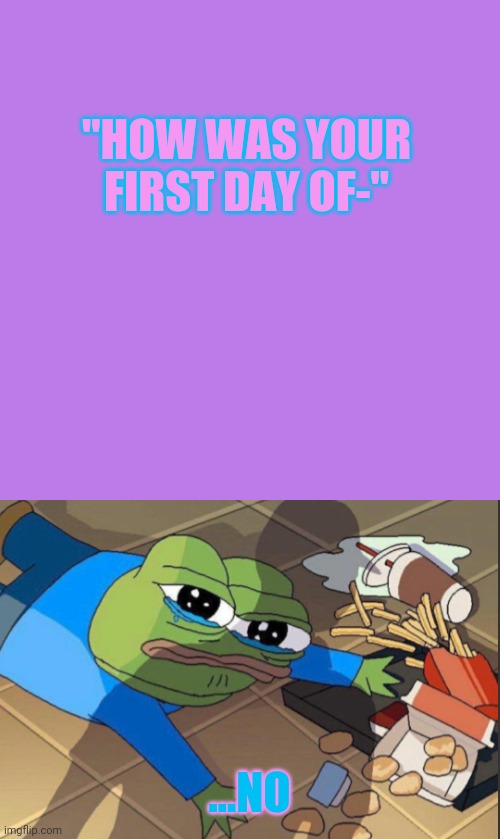 ...no | "HOW WAS YOUR FIRST DAY OF-"; ...NO | image tagged in memes,blank transparent square | made w/ Imgflip meme maker