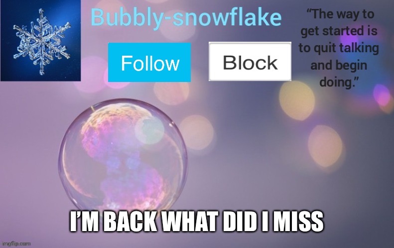 Bubbly-snowflake’s template | I’M BACK WHAT DID I MISS | image tagged in bubbly-snowflake s template | made w/ Imgflip meme maker