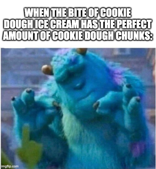 perfection... | WHEN THE BITE OF COOKIE DOUGH ICE CREAM HAS THE PERFECT AMOUNT OF COOKIE DOUGH CHUNKS: | image tagged in pleased sulley | made w/ Imgflip meme maker