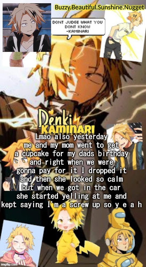 Denki temp | Lmao also yesterday me and my mom went to get a cupcake for my dads birthday and right when we were gonna pay for it I dropped it and then she looked so calm but when we got in the car she started yelling at me and kept saying I'm a screw up so y e a h | image tagged in denki temp | made w/ Imgflip meme maker