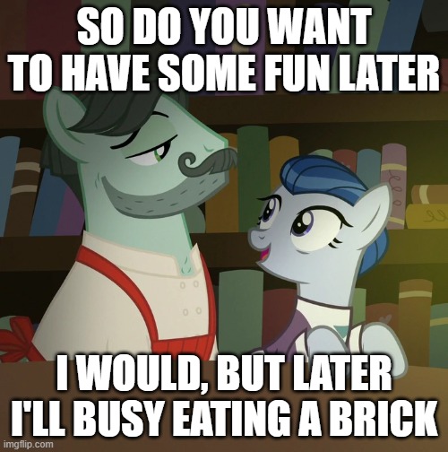 SO DO YOU WANT TO HAVE SOME FUN LATER; I WOULD, BUT LATER I'LL BUSY EATING A BRICK | made w/ Imgflip meme maker