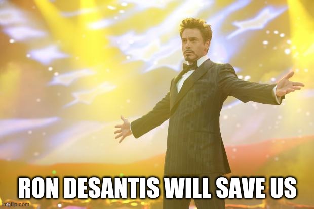 Tony Stark success | RON DESANTIS WILL SAVE US | image tagged in tony stark success | made w/ Imgflip meme maker