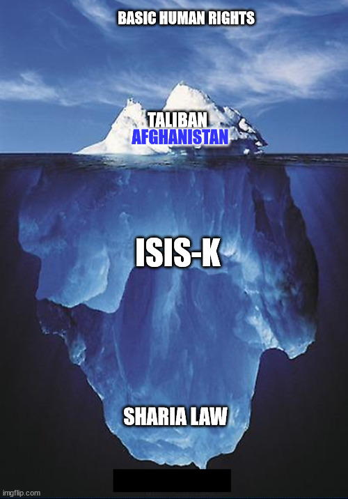 Pie in the sky |  BASIC HUMAN RIGHTS; TALIBAN; AFGHANISTAN; ISIS-K; SHARIA LAW | image tagged in afghanistan,joe biden,withdrawal,iceberg,support our troops,taliban | made w/ Imgflip meme maker