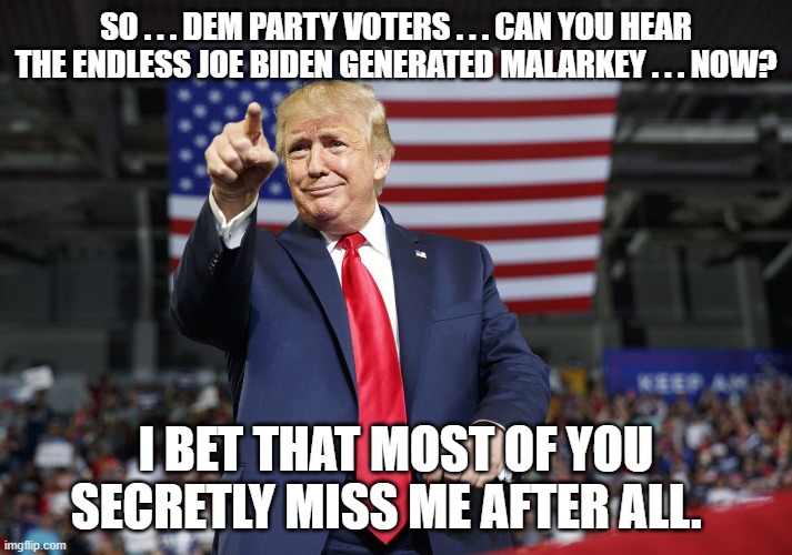 According to recent polling, the average Dem Party voter is experincing massive Buyer's Remorse . . . and that's No Malarkey. | SO . . . DEM PARTY VOTERS . . . CAN YOU HEAR THE ENDLESS JOE BIDEN GENERATED MALARKEY . . . NOW? I BET THAT MOST OF YOU SECRETLY MISS ME AFTER ALL. | image tagged in trump,biden,dem party voters,remorse | made w/ Imgflip meme maker