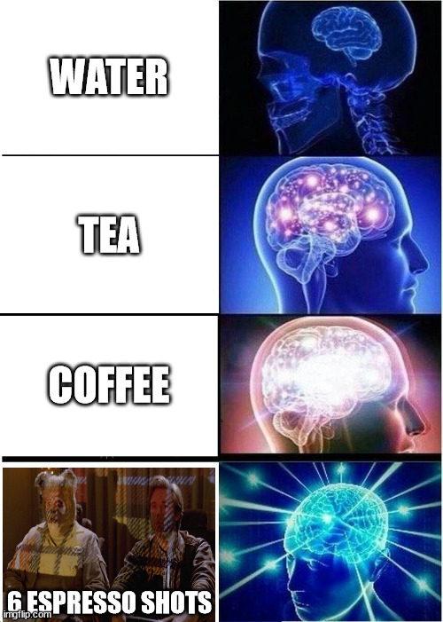 Going plaid | WATER; TEA; COFFEE; 6 ESPRESSO SHOTS | image tagged in memes,expanding brain,coffee,caffeine | made w/ Imgflip meme maker