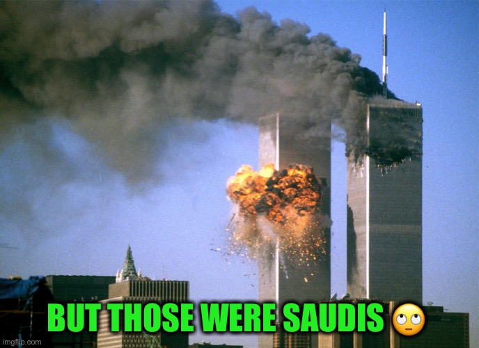 911 9/11 twin towers impact | BUT THOSE WERE SAUDIS ? | image tagged in 911 9/11 twin towers impact | made w/ Imgflip meme maker