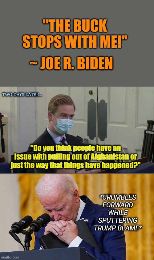 Biden's responsible facade comes crumbling down | "THE BUCK STOPS WITH ME!"; ~ JOE R. BIDEN; TWO DAYS LATER... "Do you think people have an issue with pulling out of Afghanistan or just the way that things have happened?"; *CRUMBLES FORWARD WHILE SPUTTERING TRUMP BLAME* | image tagged in reporter peter doocy,joe biden,biden failure,afghanistan,biden crumbles,blame trump | made w/ Imgflip meme maker