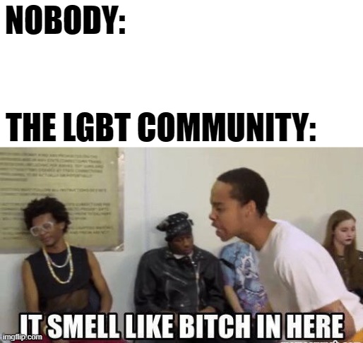 it smell like bitch in here | NOBODY: THE LGBT COMMUNITY: | image tagged in it smell like bitch in here | made w/ Imgflip meme maker