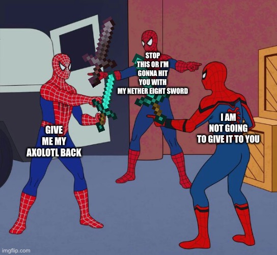 Spider Man Triple | STOP THIS OR I’M GONNA HIT YOU WITH MY NETHER EIGHT SWORD; I AM NOT GOING TO GIVE IT TO YOU; GIVE ME MY AXOLOTL BACK | image tagged in spider man triple | made w/ Imgflip meme maker
