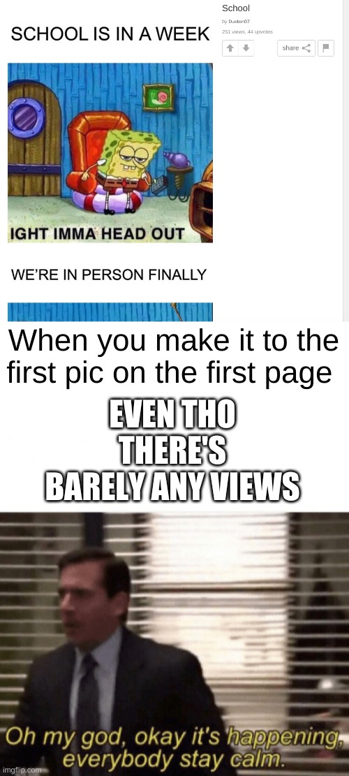 Oh my god I'm gonna brag to my friend who hasn't made it to the first page! lol | EVEN THO THERE'S BARELY ANY VIEWS; When you make it to the first pic on the first page | image tagged in oh my god okay it's happening everybody stay calm | made w/ Imgflip meme maker