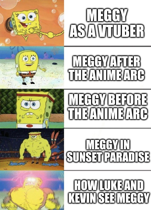 MEGGY AS A VTUBER; MEGGY AFTER THE ANIME ARC; MEGGY BEFORE THE ANIME ARC; MEGGY IN SUNSET PARADISE; HOW LUKE AND KEVIN SEE MEGGY | made w/ Imgflip meme maker