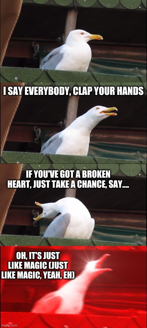 me while singing magic? | I SAY EVERYBODY, CLAP YOUR HANDS; IF YOU'VE GOT A BROKEN HEART, JUST TAKE A CHANCE, SAY.... OH, IT'S JUST LIKE MAGIC (JUST LIKE MAGIC, YEAH, EH) | image tagged in memes,inhaling seagull | made w/ Imgflip meme maker