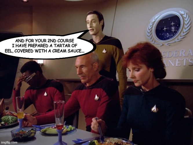 They Don't Look Thrilled Data | AND FOR YOUR 2ND COURSE I HAVE PREPARED A TARTAR OF EEL, COVERED WITH A CREAM SAUCE... | image tagged in data geordi picard beverly at dinner | made w/ Imgflip meme maker