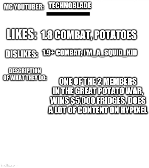 HEHE | TECHNOBLADE; 1.8 COMBAT, POTATOES; 1.9+ COMBAT, I'M_A_SQUID_KID; ONE OF THE 2 MEMBERS IN THE GREAT POTATO WAR, WINS $5,000 FRIDGES, DOES A LOT OF CONTENT ON HYPIXEL | image tagged in mc youtubers in a nutshell | made w/ Imgflip meme maker