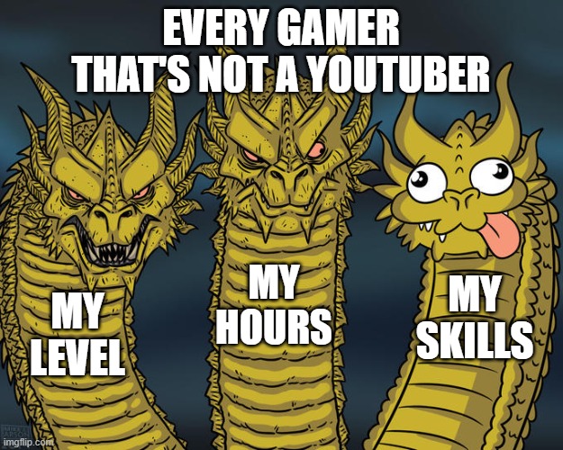 Three-headed Dragon | EVERY GAMER THAT'S NOT A YOUTUBER; MY HOURS; MY SKILLS; MY LEVEL | image tagged in three-headed dragon | made w/ Imgflip meme maker