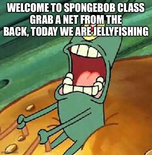 I wear a mask for hours at a time | WELCOME TO SPONGEBOB CLASS
GRAB A NET FROM THE BACK, TODAY WE ARE JELLYFISHING | image tagged in plankton maximum overdrive | made w/ Imgflip meme maker