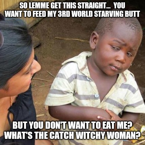 Third World Skeptical Kid | SO LEMME GET THIS STRAIGHT...  YOU WANT TO FEED MY 3RD WORLD STARVING BUTT; BUT YOU DON'T WANT TO EAT ME?
WHAT'S THE CATCH WITCHY WOMAN? | image tagged in memes,third world skeptical kid | made w/ Imgflip meme maker