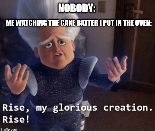 c a k e | NOBODY:; ME WATCHING THE CAKE BATTER I PUT IN THE OVEN: | image tagged in rise my glorious creation,megamind,cake | made w/ Imgflip meme maker