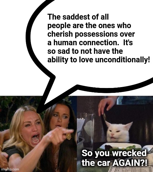 True story | The saddest of all people are the ones who cherish possessions over a human connection.  It's so sad to not have the ability to love unconditionally! So you wrecked the car AGAIN?! | image tagged in memes,woman yelling at cat,unconditional love,possessions,wrecked the car | made w/ Imgflip meme maker
