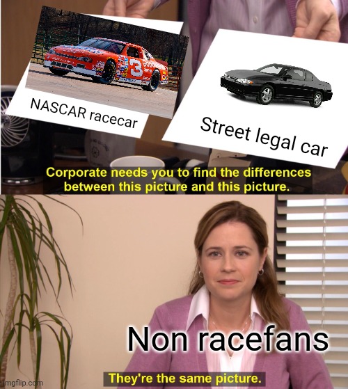 Bruhh not da same thing | NASCAR racecar; Street legal car; Non racefans | image tagged in memes,they're the same picture | made w/ Imgflip meme maker